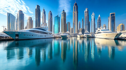 Poster - View dubai marina skyscrapers and luxurious super yacht marina, united arab emirates