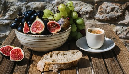 Wall Mural - Mediterranean breakfast with figs, grapes, bread and coffee enjoying the sun