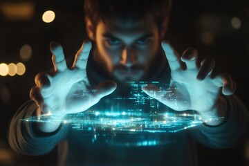 Focused software engineer manipulating holographic futuristic user interface with hand gestures in dark room with bokeh effect