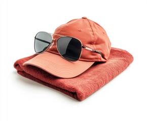 Summer essentials with a cap and sunglasses resting on a towel arranged for beach day relaxation