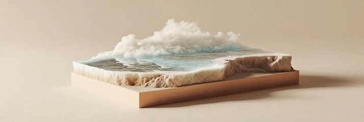Wall Mural - miniature coastal landscape with clouds, sea, and sandy shore displayed on a wooden base.
