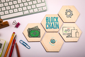 Wall Mural - block chain concept. stationery on a white office desk