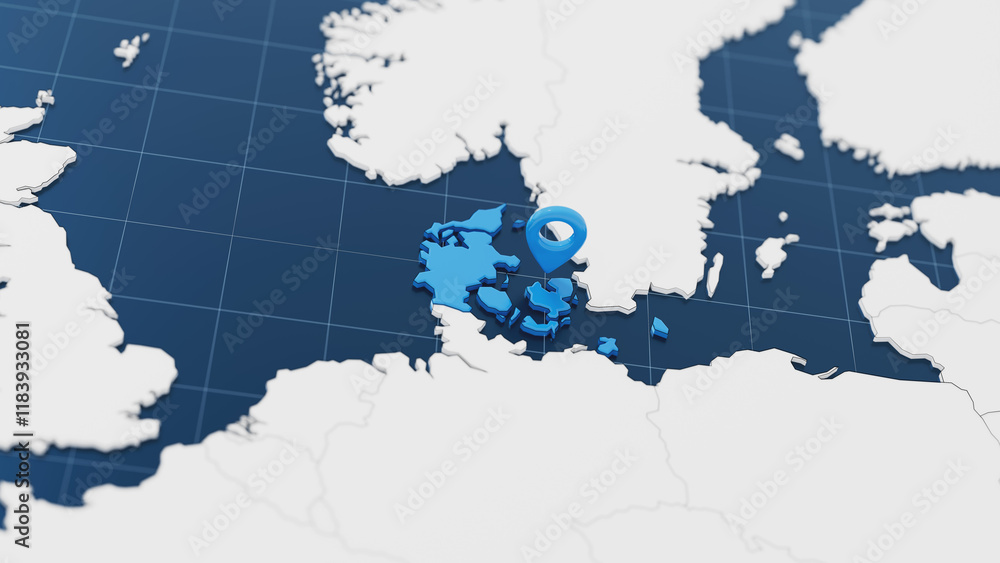 Blue Denmark 3d map with pointer pin surrounded with other countries in ...