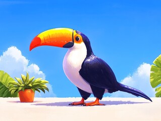 toucan standing with its iconic beak highlighted