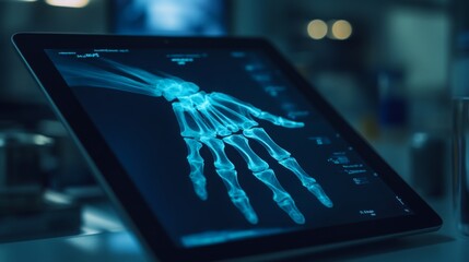 Fototapete - A digital tablet displays a clear X-ray image of a human hand, showcasing the intricate bone structure. The analysis is taking place in a busy medical environment, emphasizing advanced technology.