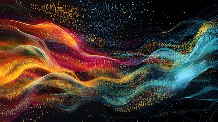 A dynamic visualization of data packets flowing through a digital telecommunication network, with streams of binary code and digital signals in motion 