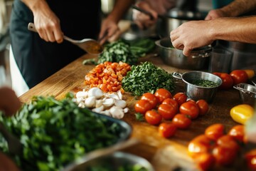 Wall Mural - Friends gathered around a table, arranging ingredients for a dish during a hands-on cooking class