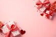 © photoguns - Valentine's Day pink background with stylish gift boxes and red hearts. Flat lay, top view, copy space.