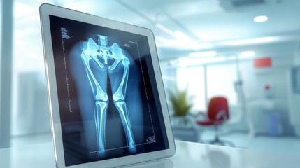 Fototapete - A digital display showcases a clear X-ray image of knees on a tablet device.