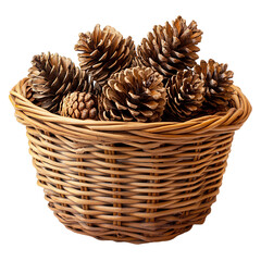 Wicker Basket of Pinecones on White, small woven basket showcasing natural pinecones, set against a clean white backdrop for versatile use