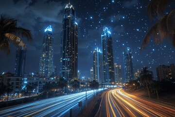 Poster - Night cityscape with skyscrapers, light trails, and starry sky.