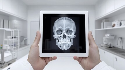 Fototapete - A medical professional holds a tablet displaying a detailed x-ray of a human skull. The setting is a clean, modern clinic with various medical equipment in the background.