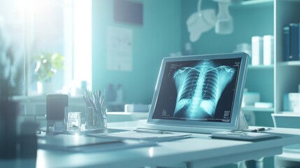 Leinwandbilder - A medical workstation features a clear x-ray of a human chest displayed on a monitor. The room is well-lit, showcasing a clean, organized environment, suitable for patient diagnostics and treatment.