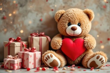 Sweet teddy bear holding a heart with wrapped gifts, joyful mood, celebrating love, festive background