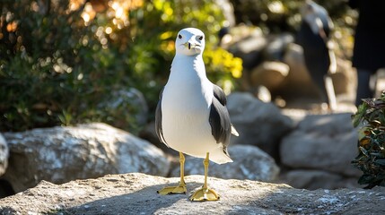 Seagull posing on rocks, zoo garden background