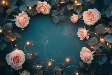 Wall Mural - Pink roses and fairy lights create a romantic frame