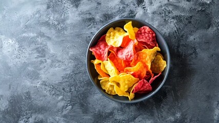 Wall Mural - top view of vegetable colorful chips in bowl on table with copy space