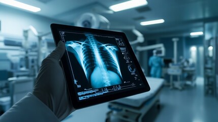 Fototapete - Medical personnel examines a digital x-ray displayed on a tablet in a well-equipped healthcare environment. The setting includes advanced medical equipment and staff attending to patients.