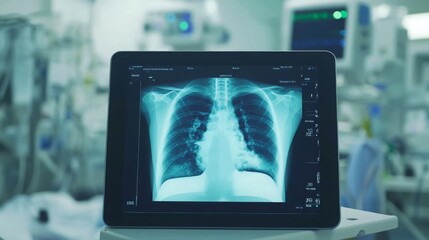 Aufkleber - A digital x-ray of the chest is presented on a tablet, showing clear images of the lungs for medical analysis. This setting is part of a contemporary healthcare facility.