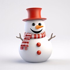 Wall Mural - Cheerful snowman, red hat, scarf, winter, white background, holiday card.