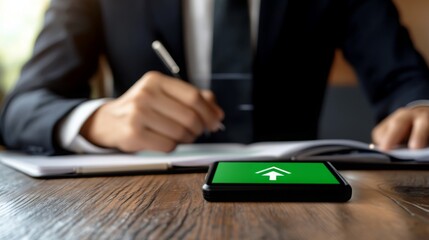 Leinwandbilder - A business professional writes notes beside a smartphone displaying an upward arrow on a green background, symbolizing growth and progress.