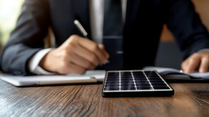 Leinwandbilder - A business professional writes notes beside a solar-powered device on a wooden table, representing innovation and sustainability in the workplace.