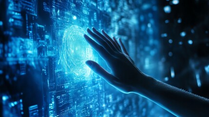 Leinwandbilder - A hand reaches out to a glowing blue digital interface, showcasing fingerprint recognition technology amidst a backdrop of data patterns.