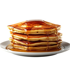 Golden pancakes with syrup cascading on a white plate, minimalist setting, inviting breakfast scene, perfect for culinary art displays