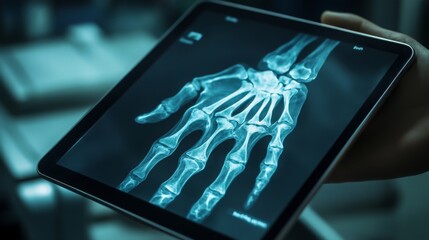 Fototapete - A medical professional is analyzing x-ray images of a human hand displayed on a digital tablet. The focus is on the intricate details of the skeletal structure, emphasizing health evaluation.