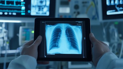 Fototapete - A healthcare worker examines x-ray images of lungs displayed on a tablet. The setting includes advanced medical equipment, highlighting technology's role in diagnostics within a clinical environment.