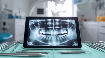 Fototapete - A digital x-ray showcasing a patient's dental structure is displayed on a tablet placed on a medical table. Dental tools are arranged nearby in a modern clinic setting.