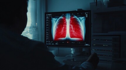 Fototapete - A medical professional is focused on analyzing an x-ray image of human lungs displayed on a computer monitor. The setting is a clinical environment illuminated by artificial lighting.