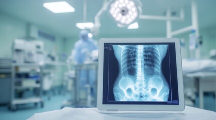 Fototapete - A detailed x-ray of the spine is prominently displayed on a tablet in a well-equipped medical facility. Medical staff in surgical attire can be seen preparing for a procedure in the background.