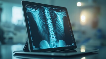 Fototapete - A digital screen displays a detailed x-ray image of the human spine. This technology enhances medical analysis and improves patient diagnosis accuracy in a clinical setting.
