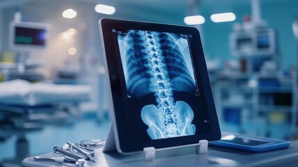 Fototapete - A clear x-ray image of the spine and pelvis is shown on a tablet, placed on a table in a well-equipped medical environment. Medical tools are nearby, indicating an active examination.