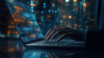 Coder typing on laptop at night.