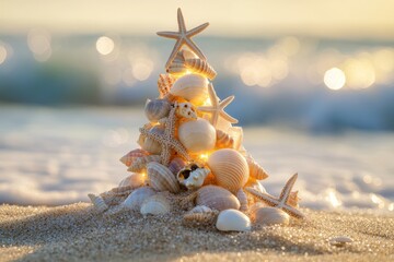 Seashell Christmas tree with garlands lights on a sandy beach at sunrise