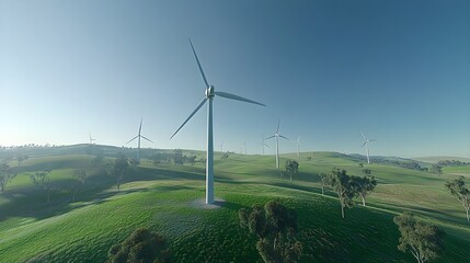 A scenic view of multiple wind turbines spinning in a vast countryside, with green fields and clear skies, representing the generation of clean, renewable energy for a sustainable future. 