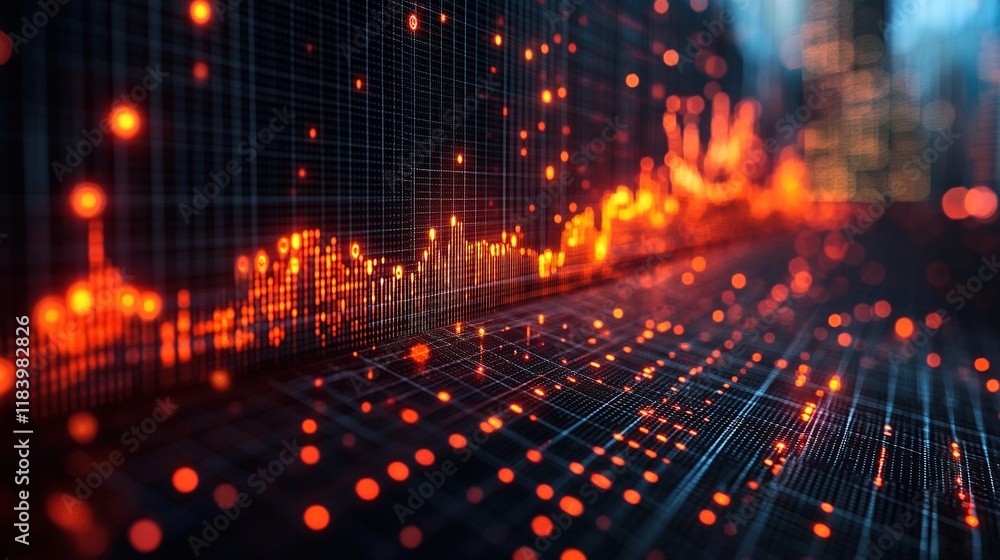 Glowing digital data graph on grid with city backdrop