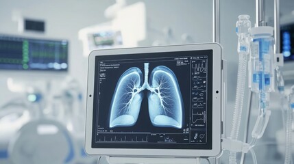 Poster - A digital tablet displays a high-resolution x-ray of human lungs in a state-of-the-art medical environment. Surrounding monitors show vital patient information and real-time activity.