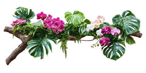 Wall Mural - Tropical ivy plant bush floral arrangement with rainforest leaves Monstera and fern and Vanda orchids tropical flower decor on tree branch liana vine plant isolated on white background. cut-out
