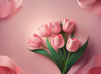 Aufkleber - A delicate bouquet of light pink tulips rests on a soft pink background, adorned with elegant pink ribbons.  The image evokes feelings of springtime, romance, and celebration.