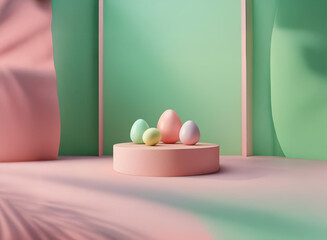 Aufkleber - Pastel-colored eggs rest on a pink pedestal against a mint green backdrop.  Soft shadows from palm leaves create a serene, spring-like scene.