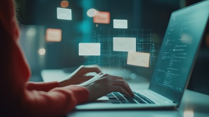 Woman coding, emails hover.