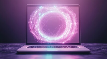 Laptop screen glowing circular portal, dark background, digital