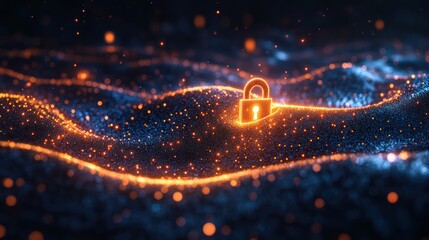 Glowing padlock on digital wave, cybersecurity, data protection