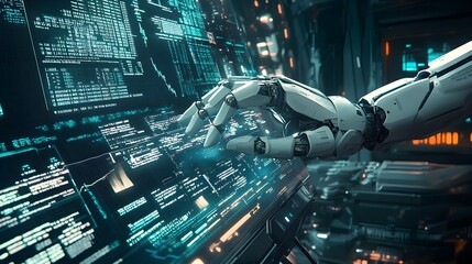 A robotic arm typing on a glowing keyboard, surrounded by cascading streams of financial data and code lines in a futuristic digital workspace 
