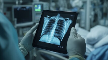 Fototapete - A healthcare professional in gloves examines an x-ray displayed on a tablet while in a medical facility.
