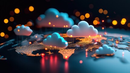 Wall Mural - a global map with cloud icons strategically placed around the world, illustrating the distributed na
