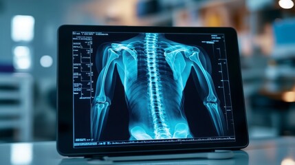 Fototapete - A digital tablet shows an x-ray of a human spine and shoulder area, revealing detailed skeletal structure. The setting is a medical facility with blurred equipment in the background.